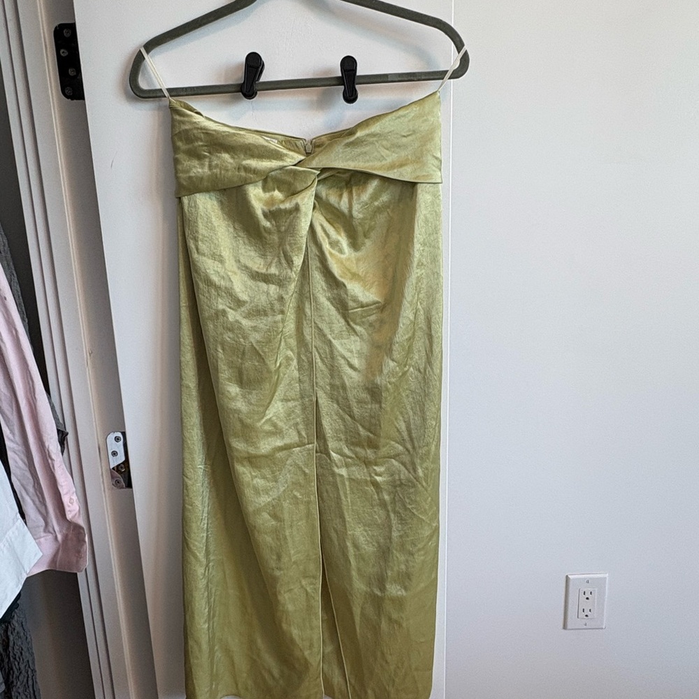 Satin Twist-Front Skirt with Front Slit in Light Olive